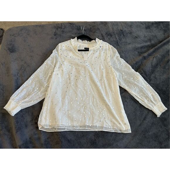 Talbots NWT Smocked Cheerful Dots Top White Silver Polka Dots, Sz XL, MSRP $109 - Picture 3 of 11